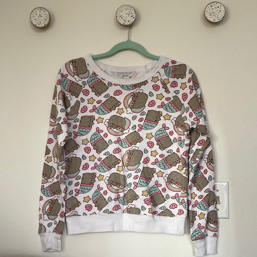 Cute Mermaid Pusheen with Shells Pullover Sweater